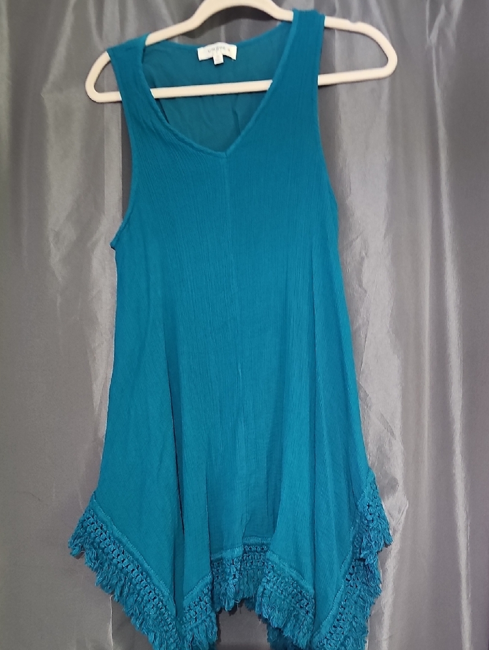 Umgee Teal V-Neck Sleeveless Tunic with Fringe Hem